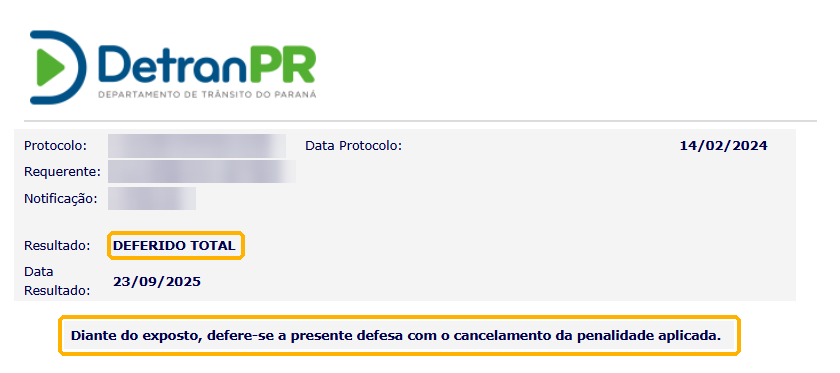 Decisão do DETRAN/PR: defesa prévia deferida, penalidade cancelada